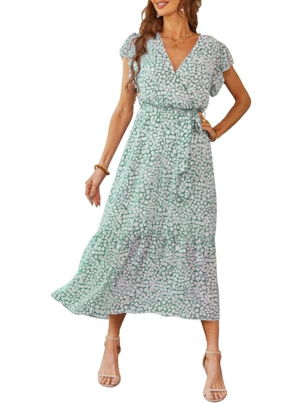 Women's Green V Neck Casual Short Sleeve Guest Outfits Pull On Maxi Dresses
